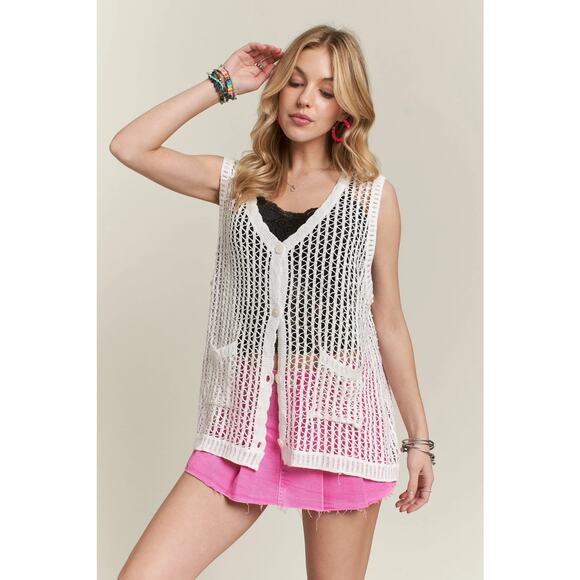 ADORA Lightweight Button Down Front Pockets Crochet Detail Vest Cardigan | White - Picture 3 of 6